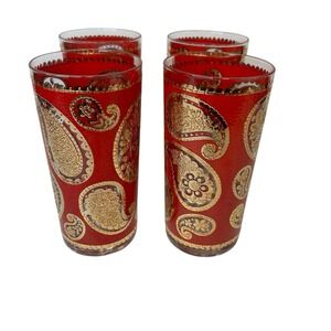 Culver‎ Red and 22kt Gold Paisley High Ball Glasses MCM Lot Of 4